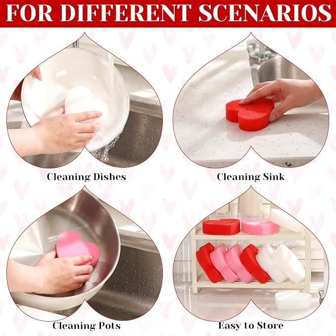 Tioncy 12 Pack Pink Heart Kitchen Sponges Bulk Dual Sided Valentine Scrubber - Image 3