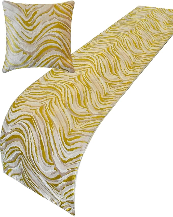 The HomeCentric King/Queen/Twin Yellow & Grey Decorative Bed Runner CA King 86"x18" Bed Runner with One Pillow Cover, Abstract Wave Pattern Bed Scarf on Jacquard Fabric - Yellow Whirls