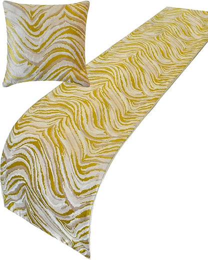 The HomeCentric King/Queen/Twin Yellow & Grey Decorative Bed Runner CA King 86"x18" Bed Runner with One Pillow Cover, Abstract Wave Pattern Bed Scarf on Jacquard Fabric - Yellow Whirls