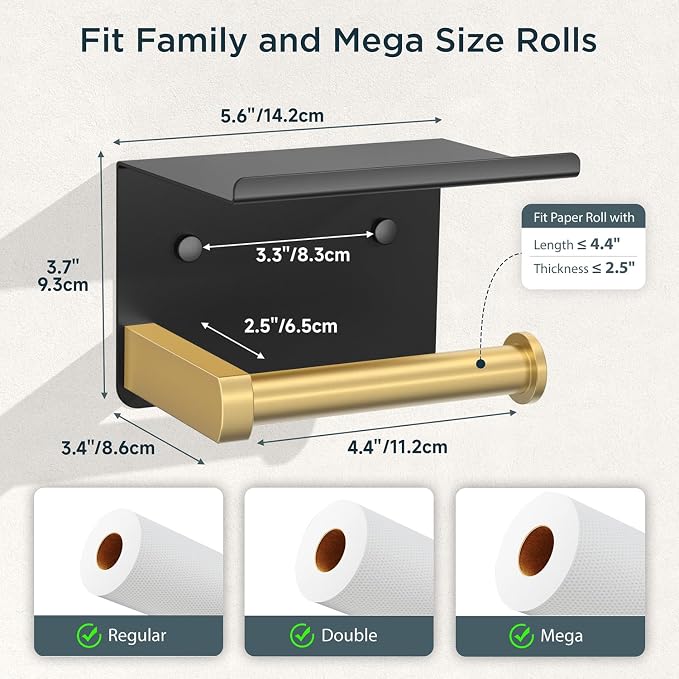 Toilet Paper Holder with Shelf, Adhesive or Screw Wall Mount Toilet Paper Roll - Image 3
