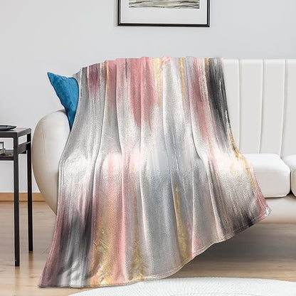 Fashion Gradient Blanket, Modern Art Baroque Gold Grey Pink Painting Strokes Pattern Soft Warm Cozy Plush Flannel Covers for Livingroom Bedroom Couch Chair Camping Travel Home Decor Tapestry 50x60in
