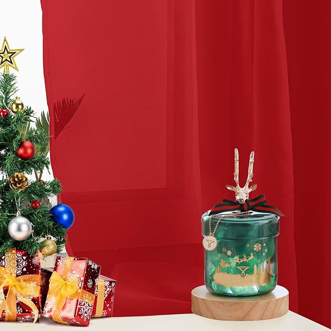 Sheer Curtains 72 Inches Long 2 Panels, Rod Pocket Short Curtain for Kitchen, Bedroom, Cafe Window(Christmas Red 38" W x 72" L)