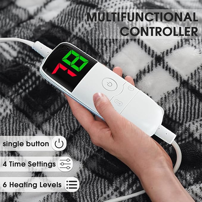 OCTROT Heated Electric Blanket Queen Size, 84X90 Heating Blanket Queen with Dual Control&10 Heats Levels&Timer for Bed,Black Plaid Sherpa Large Blankets Warmer Gift for Grandma Women Adults, Washable
