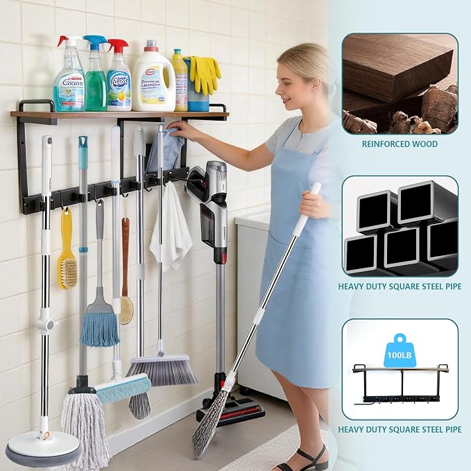 Broom Holder Wall Mount With Cleaning Supplies Organizer Shelf Broom And Mop - Image 4