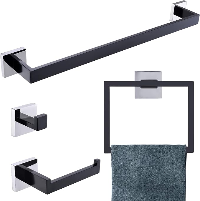 Bathroom Towel Bar Holder Sets Black and Polished 4-Piece Bathroom Hardware Set by TQKAG