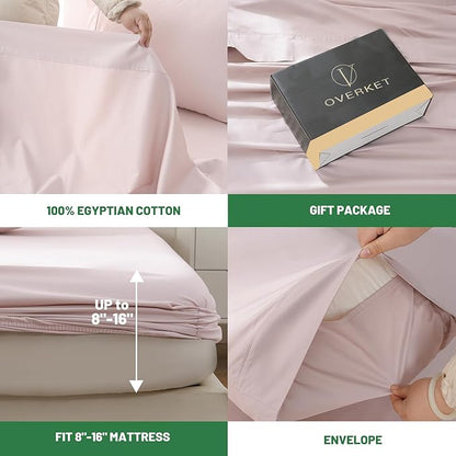 Egyptian Cotton Sheets Full Size 4PCS 1000 Thread Count Sateen Weave Soft Breathable 16-Inch Deep Pocket （Full,Light Pink）