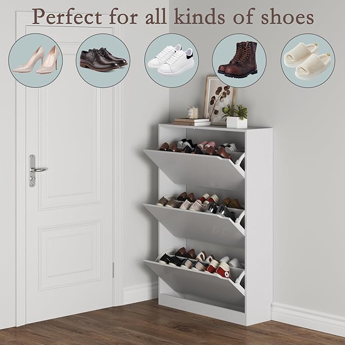 Shoe Cabinet with 3 Flip Drawers, Hidden Wood Shoe Cabinet, Freestanding Shoe - Image 4