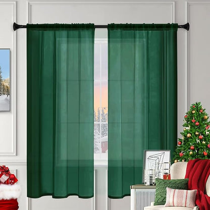 Sheer Curtains 45 Inches Long 2 Panels, Rod Pocket Short Curtain for Kitchen, Bedroom, Cafe Window(Foliage Green 38" W x 45" L)