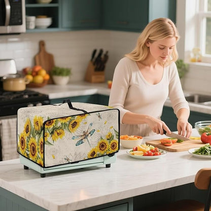 Dragonfly Sunflower Print Microwave Oven Cover Dust-Proof Microwave Toaster Oven Cover with Storage Bags Universal Washable Decor Accessories for Kitchen, M