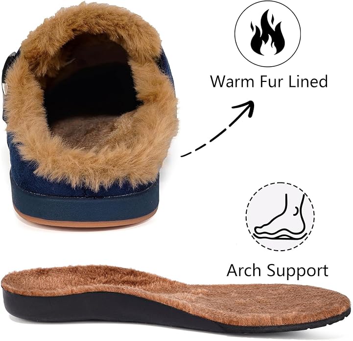 Fur Lined Clogs for Women Men Suede Winter Slippers Arch Support Slip on Mules - Image 5