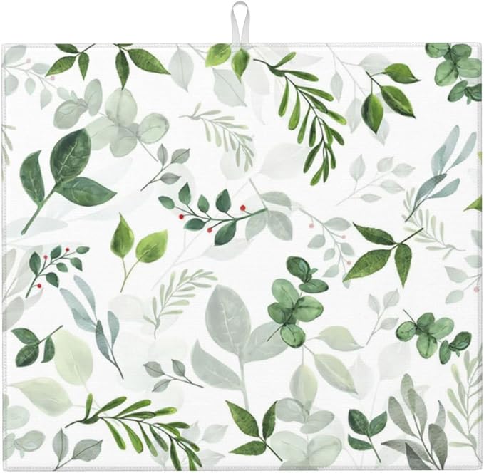 Green Leaves Dish Drying Mat 16x18 inches Microfiber Absorbent Fast Dry Mat by Unknown