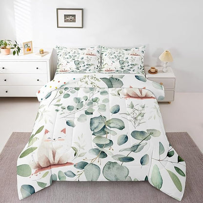 Erosebridal Kawaii Cat Bedding King Size for Boys Girls Cartoon Animal Comforter Set King, Eucalyptus Leaves Duvet Insert Pet Kitten Quilt Set, Tropical Botanical Plants Bedding Comforters & Sets
