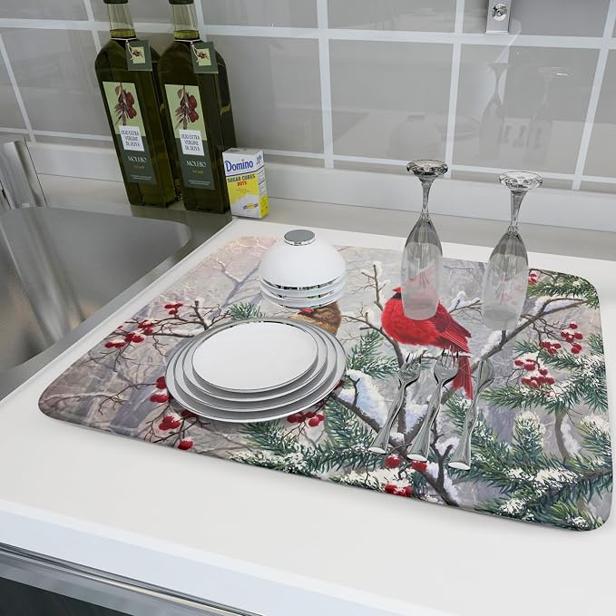 Red Bird Dish Drying Mat Merry Christmas Dishes Pad Absorbent Fast Dry Dish - Image 6