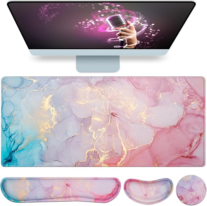 Mouse Pad Pink, Mouse Pad with Wrist Rest, 4-in-1 XXL Extended Large Desk Mat by QOMOLAMA