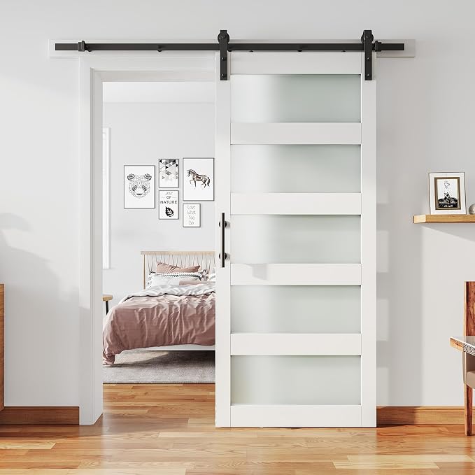 36'' x 84'' Glass Barn Door and 6.6 Ft Hardware Kit Included, MDF White Barn by ALAMEDADT