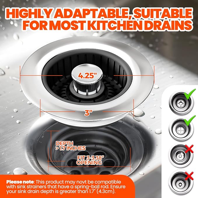 3 in 1 Kitchen Sink Drain Strainer & Sink Stopper Upgraded Stainless Steel - Image 5