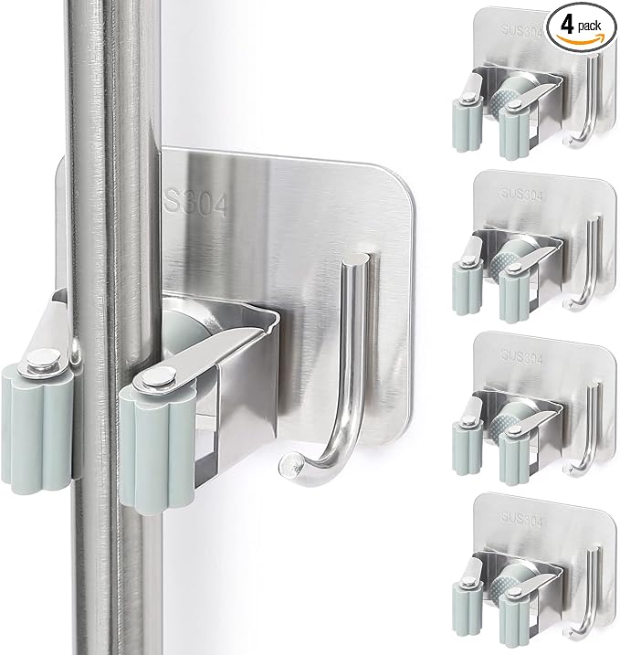 Stainless Steel Broom Holder, Self-Adhesive, 4 Gripper Positions, 4 Hooks by YUWANTING