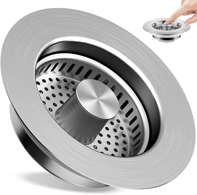 Kitchen Sink Drain Strainer 3 in 1, 304 Stainless Steel Pop Up Sink Stopper by TGOSOMT%C2%AE