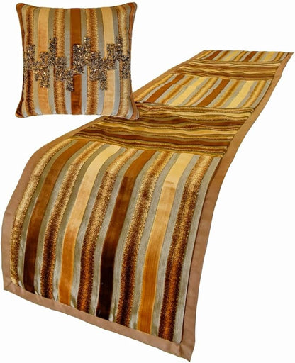 The HomeCentric King/Queen/Twin Gold & Brown Decorative Queen 74"x18" Bed Runner with One Pillow Cover, Striped, Beadwork & Handmade Bed Scarf on Velvet Fabric - Streamlined