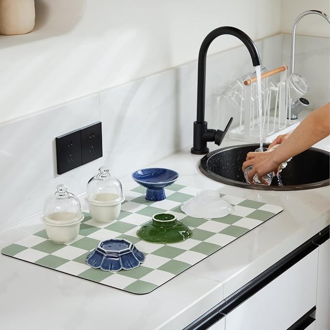 Checkered Dish Drying Mat for Kitchen Counter, Coffee Bar Station Accessories - Image 2