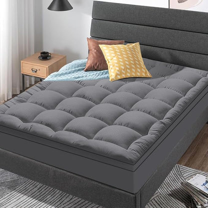 Full Size Mattress Topper for Back Pain, Cooling Extra Thick Mattress Pad Cover with 8-21 inch Deep Pocket, Plush Pillow Top Mattress Topper Overfilled with Down Alternative, Full Size, Dark Grey