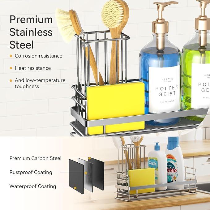 Yofidra Sink Caddy with Stone Drying Tray: Stainless Steel Soap Dispenser - Image 7