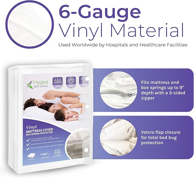 Hygea Natural Twin Size Tear-Free Heavy Duty Vinyl Box Spring and Mattress Cover - Waterproof, Anti-Bed Bug and Allergen-proof, Zippered Encasement - 39” x 75” x 9” Deep - Durable Protection