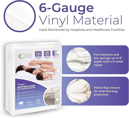 Hygea Natural Twin Size Tear-Free Heavy Duty Vinyl Box Spring and Mattress Cover - Waterproof, Anti-Bed Bug and Allergen-proof, Zippered Encasement - 39” x 75” x 9” Deep - Durable Protection