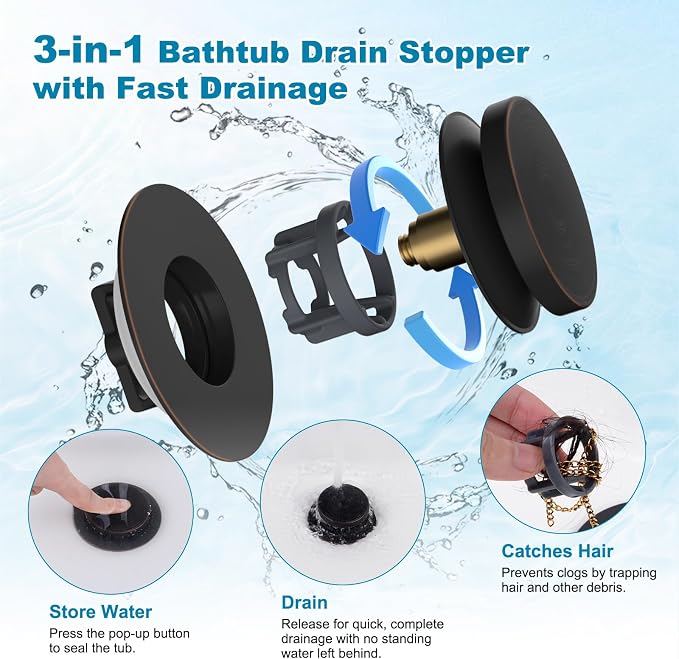 Hibbent 2 Pack 3 in 1 Metal Bathtub Drain Stopper, Universal Pop Up Tub Stopper - Image 2