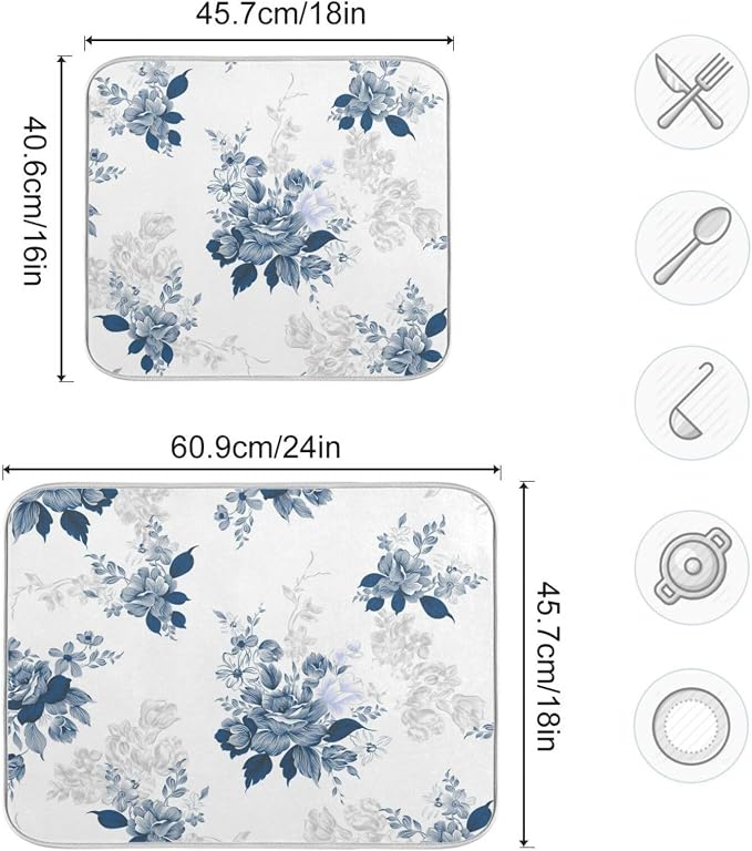 Tarity Watercolor Blue Flower Dish Drying Mat - Image 3