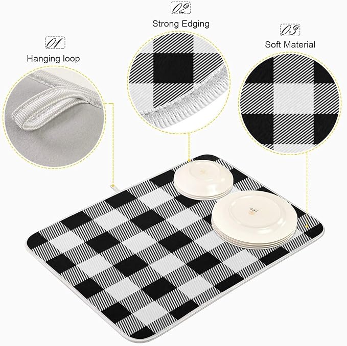 White and Black Buffalo Plaid Dish Drying Mat 16x18 - Image 4