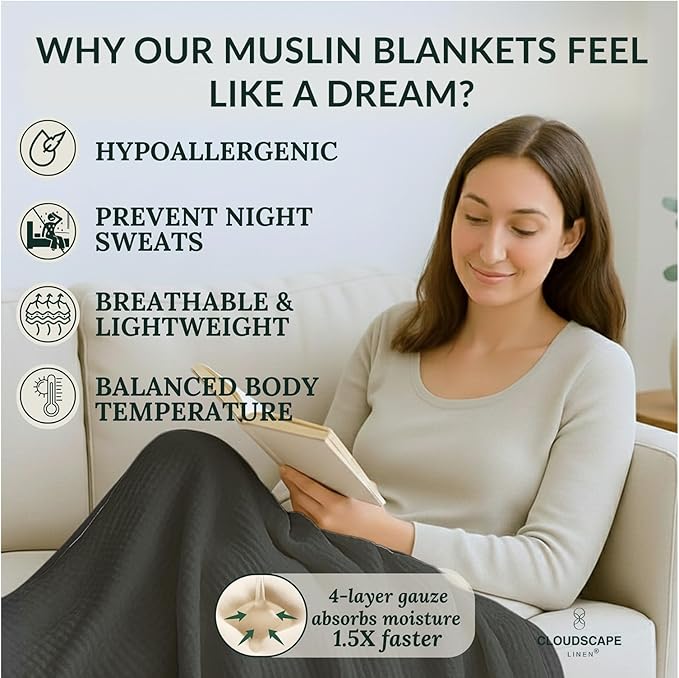 Cloud Scape Linen Extra Large 4 Layer Muslin Throw Blanket - 100% Cotton Gauze, Lightweight & Breathable All Season, Pre-Washed, for Couch & Bed, 50x70, Dark Grey