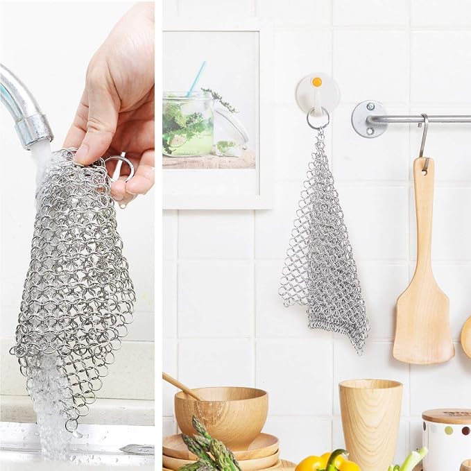 Cast Iron Cleaner 8"x6" 316L Stainless Steel Chainmail Scrubber - Image 5