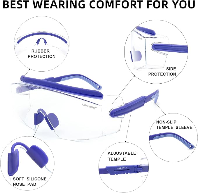 UKNOW Safety Goggles Over Glasses, Safety Glasses Anti Fog Wraparound Eye - Image 5