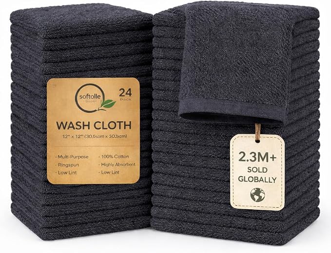 Softolle 100% Cotton Washcloths 24 Pack Soft, Highly Absorbent Washcloth by Softolle