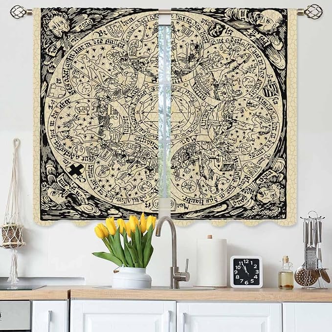 Planets Kitchen Curtains Old Astrology Ink Drawing Short Tier Curtains by Unknown
