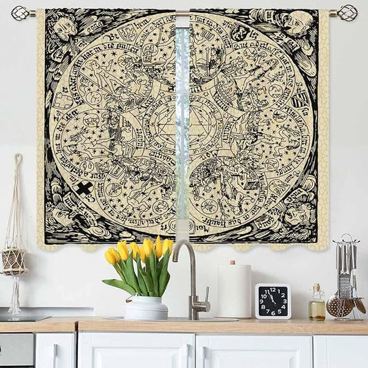 Planets Kitchen Curtains Old Astrology Ink Drawing Short Tier Curtains by Unknown