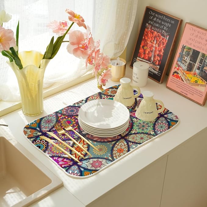 Boho Dish Drying Mat 18 x 24 Inch Vintage Bohemian Drying Mat - Image 5
