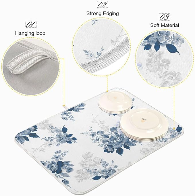 Tarity Watercolor Blue Flower Dish Drying Mat - Image 4