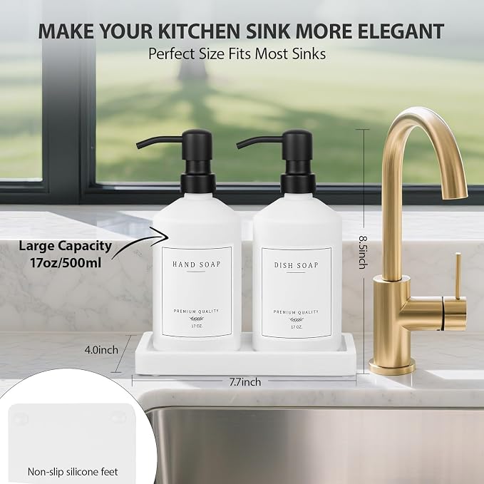 White Glass Kitchen Soap Dispenser Set, 17 OZ Hand and Dish Soap Dispenser Set - Image 2