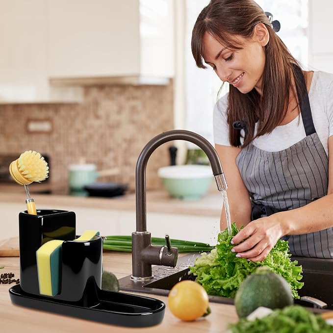 Geelin 3 in 1 Ceramic Kitchen Sink Caddy Dish Sponge Holder Scrub Brush Holder - Image 4
