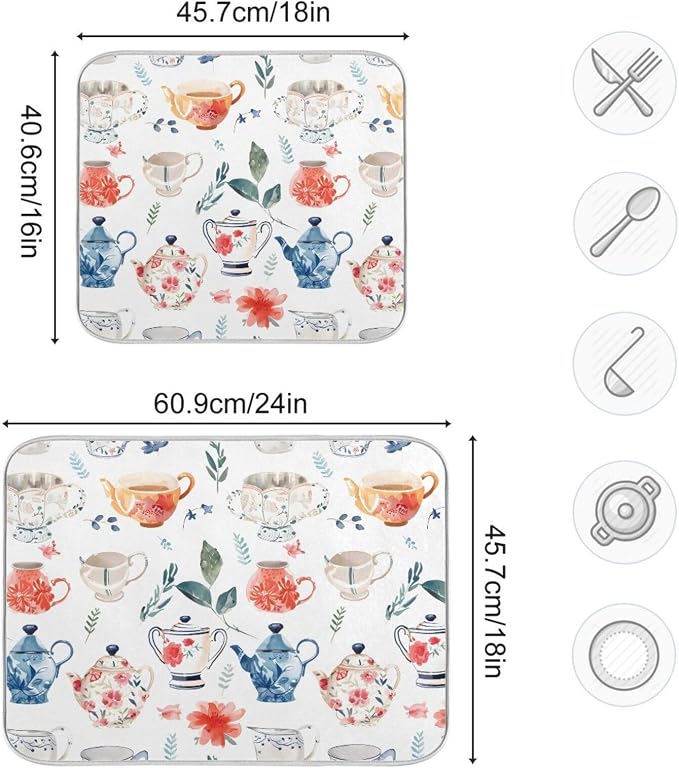 Watercolor Tea Cups Teapots Dish Drying Mat - Image 3