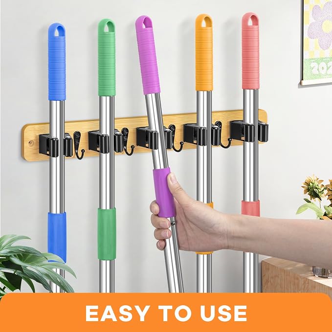 IMILLET Broom Holder Wall Mount, Bamboo Broom Hanger - Image 2