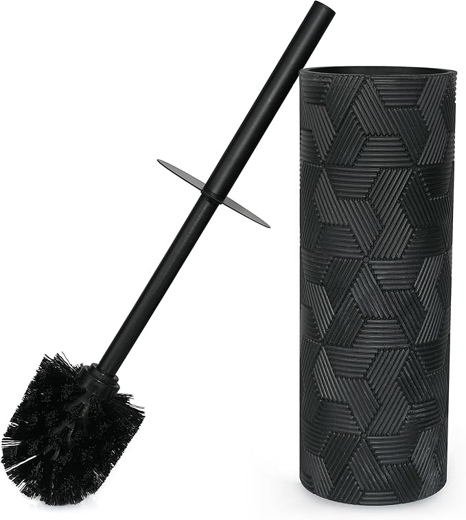 Matte Black Geo Design Resin Toilet Bowl Holder and Brush Set, Stylish by IndecorHome