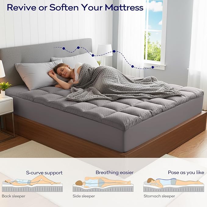 OLANLY Dual-Layer 4 Inch King Size Memory Foam Mattress Topper for Back Pain, 2 Inch Cooling Pillow Top Mattress Pad Cover and 2 Inch Gel Memory Foam Topper, Deep Elastic Pocket, Light Grey