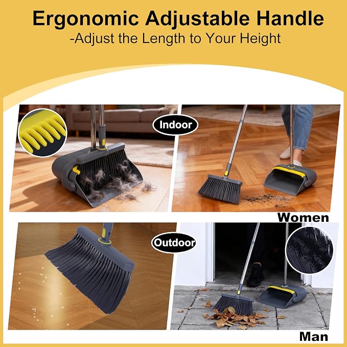 Heavy Duty Broom and Standing Dustpan Combo Set, Rotatable Head Dust Pan and - Image 5