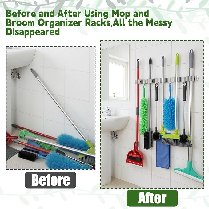 2 Pack Wall Mount Broom Holder, Self Adhesive 5 Racks and 4 Hooks Mop and Broom - Image 5
