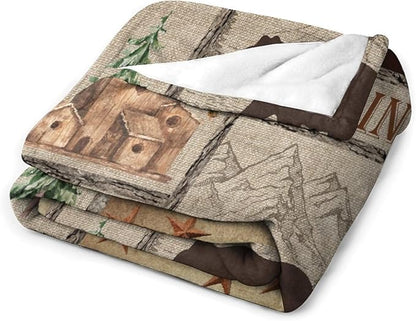 Rustic Cabin Bear Blanket, Lake Country Lodge Bear Deer Forest Farmhouse Camp Print Soft Warm Cozy Lightweight Decorative Blanket for Couch Bed Sofa Travel, 50"x60"