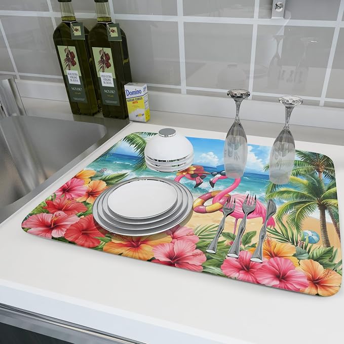Summer Flamingos Dish Drying Mat 18x24 inch Tropical Beach Microfiber Washable - Image 6