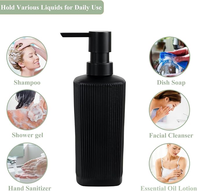 Black Pump Glass Soap Dispenser, 12oz Stripe Countertop Refillable Liquid Bottle - Image 4